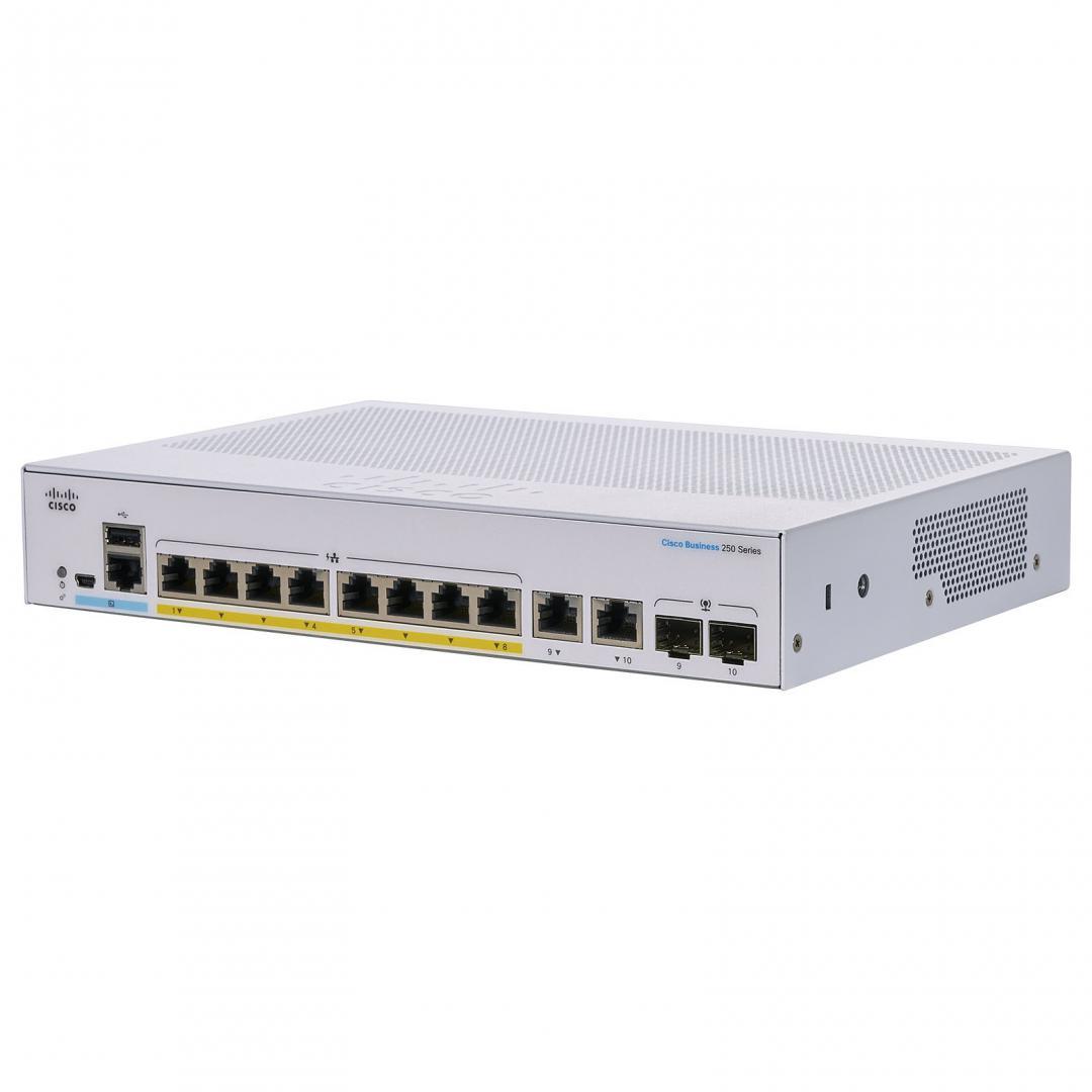 Switch  CISCO CBS250-8P-E-2G, 8 PORTURI 10/100/1000, 2 x SFP, POE 60w, Buffer: 1.5 Mb, Flash 256Mb, CPU: 800 MHz ARM