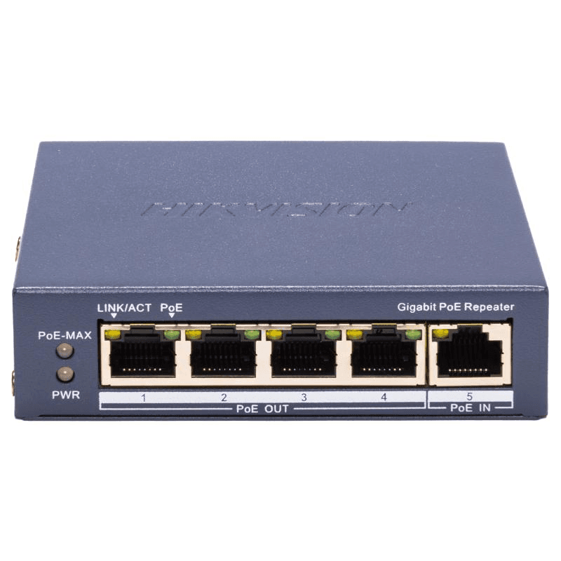 Repetor PoE Hikvision DS-3E0505P-E/R: 5 × 10/100 Mbps PoE PoE RJ45 port, 4 porturi PoE maxim 30W, buget PoE 60W