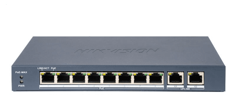 Switch PoE Hikvision DS-3E0310P-E/M(B): 8 × 10/100 Mbps PoE port, and 2 × Gigabit RJ45 port