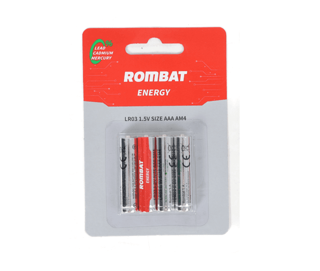 Bateriile alcaline Rombat se comercializează la cutie colectiva de 12 blistere a câte 4 bucăți. ➢ Tensiune nominală: