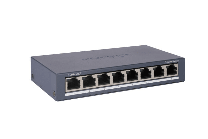 Switch Hikvision DS-3E0508-O: 8 × Gigabit RJ45 port maxim 3W, tensiune alimentare: 5VDC, 0.6A