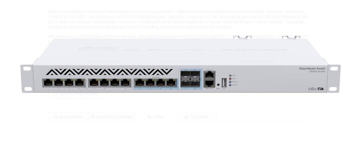 Mikrotik Switch, CRS312-4C+8XG-RM, Procesor: 650 MHz, sistem operare: RouterOS / SwitchOS, 64MB RAM, 16MB Flash
