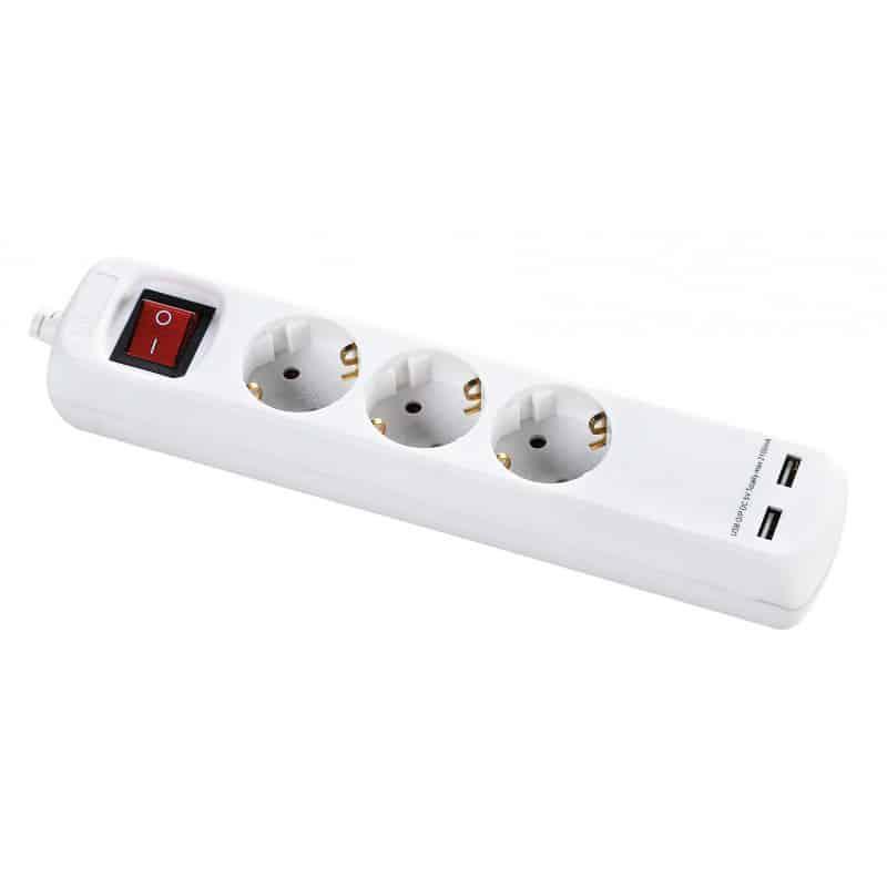 Prelungitor cu 3 prize CEE7/3 cu protectie copii, cu intrerupator,cu 2xUSB cablu: H05VV-F 3G1,5mm