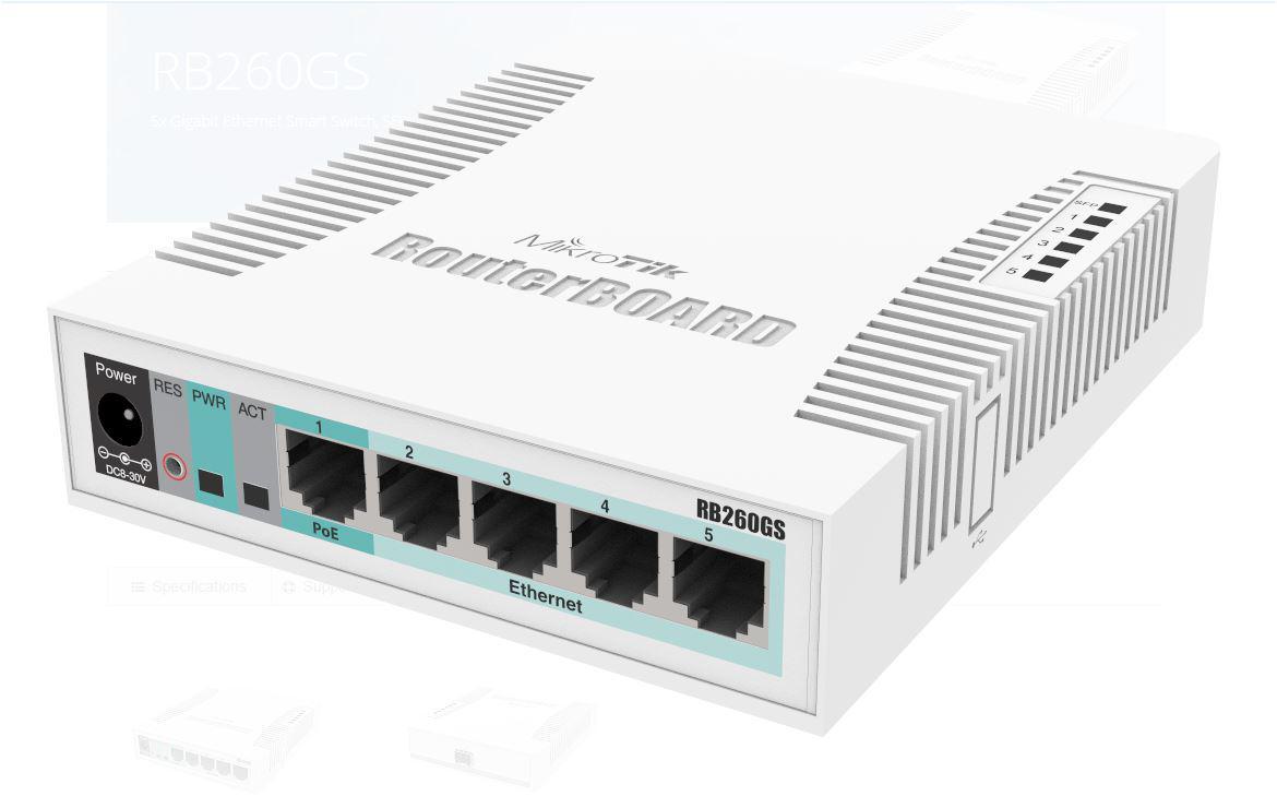 MIKROTIK SMALL SOHO SWITCH RB260GS CSS106-1G-1S, 5 X GIGABIT, Dimensiuni: 113x139x28mm, Sistem operare: MikroTik SwOS