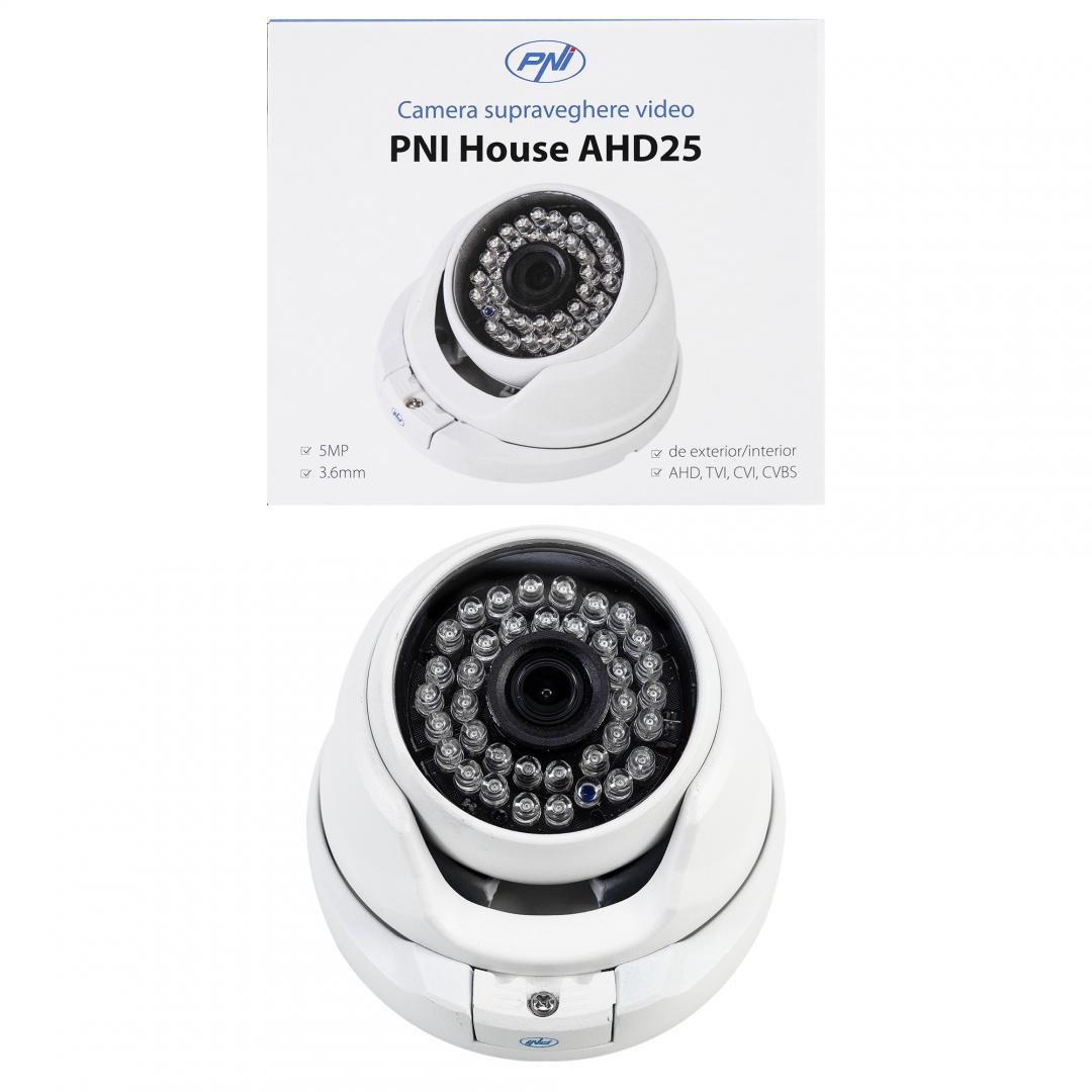 Camera supraveghere video PNI House AHD25 5MP, dome, lentila 3.6mm, 36 LED-uri IR, de exterior sau interior, IP66