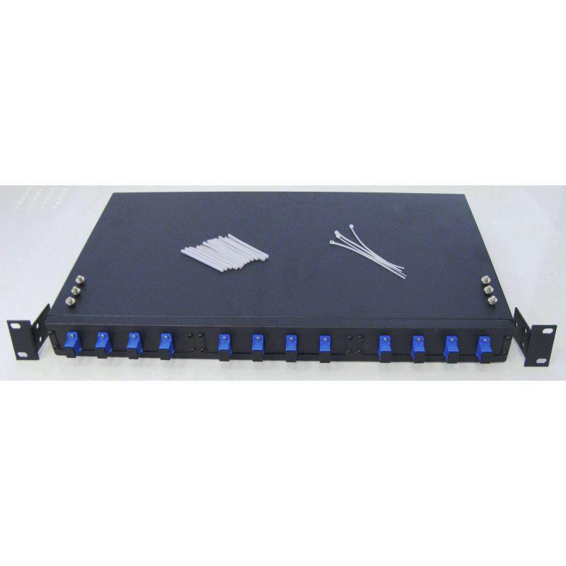 Patch panel optic ODF 19"/1U, echipat frontal cu 12 adaptori simplex SC/PC, 4 suporti intrare cabluri in spate