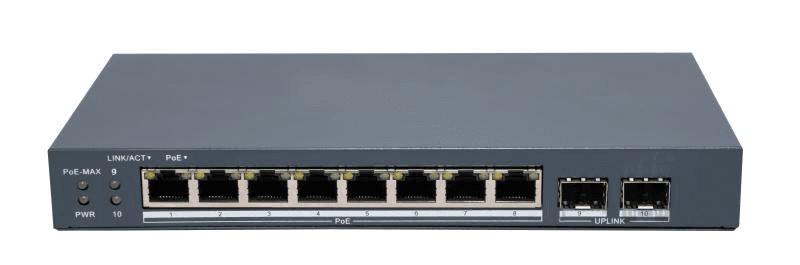 Switch PoE Hikvision DS-3E1510P-EI/M-8P2F: 8 × Gigabit PoE port,2 × Gigabit Fiber Optical port, 8 porturi PoE maxim 30W