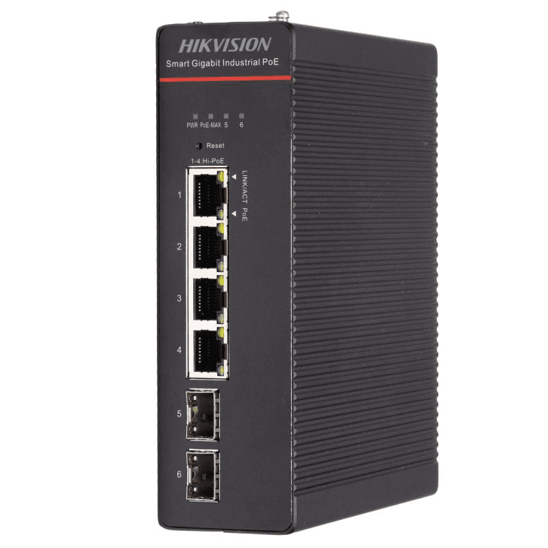 Switch PoE Hikvision DS-3T1506HP-SI-4P2F: 4 x Gigabit Hi-PoE RJ45 Ports, 2 × Gigabit SFP Fiber Optical Ports