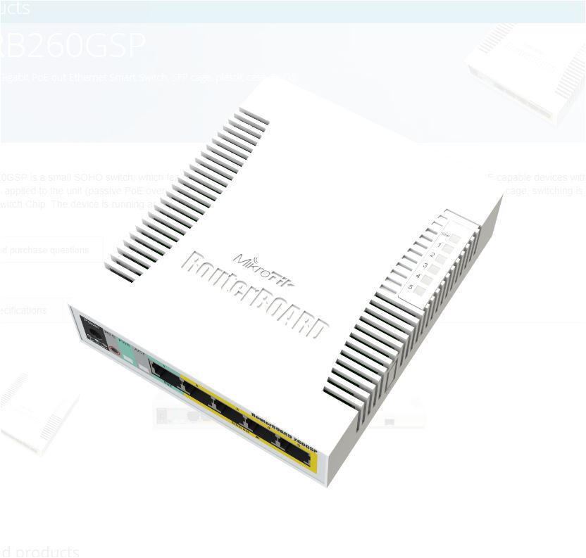 MIKROTIK SMALL SOHO SWITCH RB260GSP CSS106-1G-4P-1S, 5 X GIGABIT POE, Dimensiuni: 113x139x28mm
