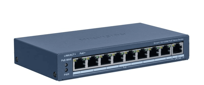 Switch PoE Hikvision DS-3E1309P-EI/M: 8 × 10/100 Mbps PoE port, 1 × Gigabit RJ45 port, 8 porturi PoE maxim 30W