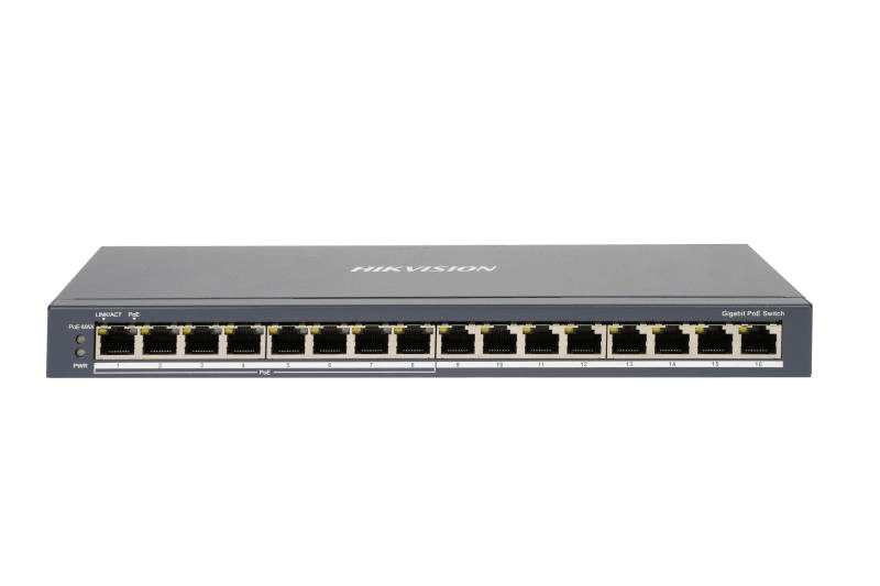 Switch PoE Hikvision DS-3E0516P-O: 8 × 1 Gigabit PoE port,8 × 1 Gigabit RJ45 port, PoE: Ports 1 to 8 maxim 30W