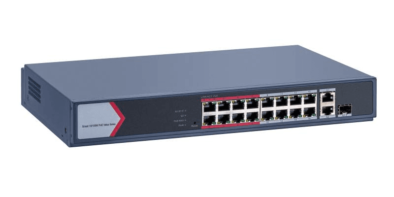 Switch PoE Hikvision DS-3E1318P-EI/M: 16 × 10/100 Mbps PoE port,1 × Gigabit combo,1 × Gigabit RJ45 port