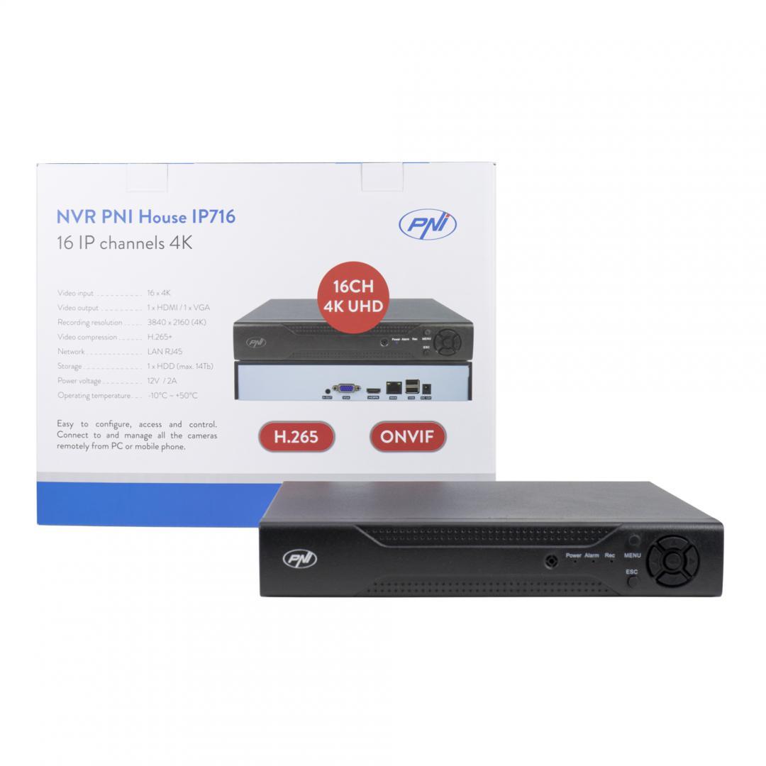 NVR PNI House IP716, 16 canale IP 4K, H.265, ONVIF PNI-IP716, Vizualizare pe mobil și PC: Android, iOS, Windows