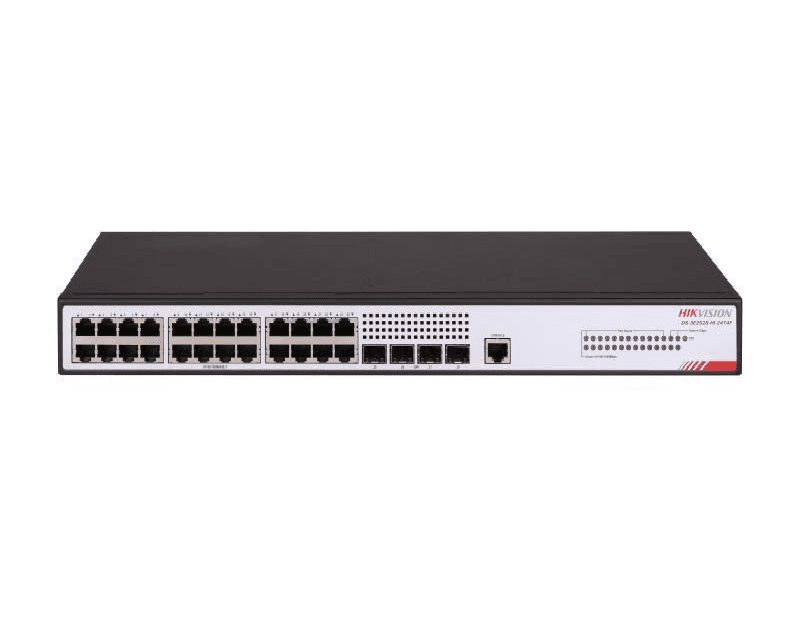 Switch Hikvision DS-3E2528-HI-24T4F: 24 × Gigabit RJ45 port,4 × Gigabit fiber optical port, capacitate: 56 Gbps