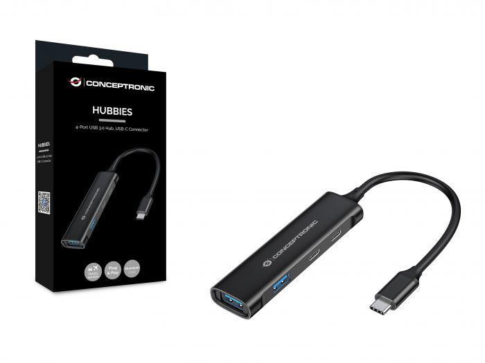Hub USB Conceptronic HUBBIES, USB-C, 4 porturi, Negru