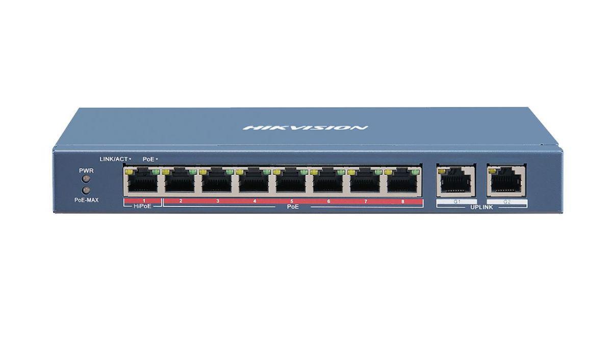Switch 8 porturi PoE Hikvision DS-3E1310HP-EI prezinta 1 × 10/100 Mbps Hi-PoE port, 7 × 10/100 Mbps PoE ports