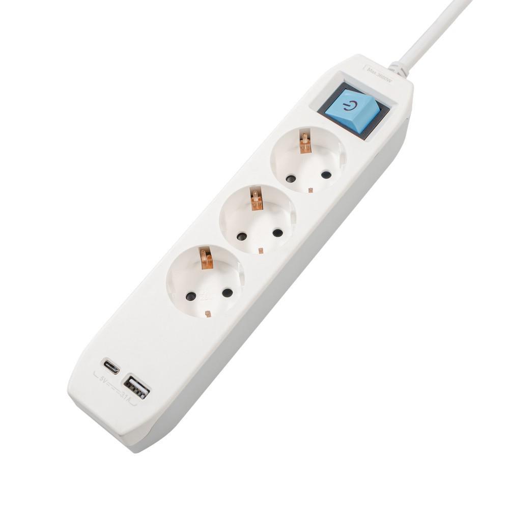 PRELUNGITOR SPACER, Schuko x 3, conectare prin Schuko (T),Type-C x1, USB x 1, 3.1A, cablu 4.5m, 16 A