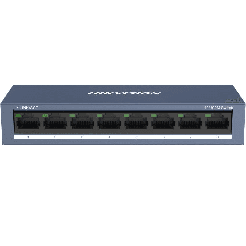 Switch Hikvision DS-3E0108-O: 8 × 10/100 Mbps RJ45 Port, tensiune alimentare 5 VDC, 1A.