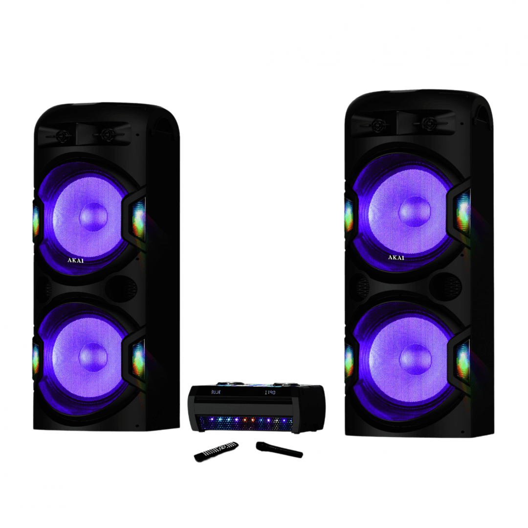 Sistem audio dual cu amplificator Akai, bluetooth V5.0, difuzoare 4 x woofere de 15" și 4 x tweetere de 1.5"