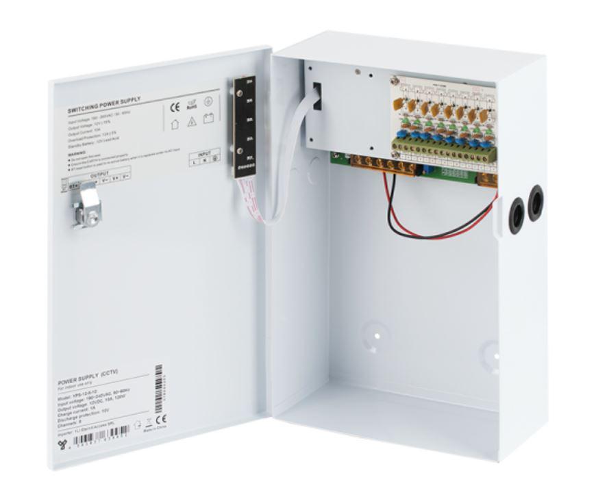 Sursa cu backup, 8 canale, comutatie, Tensiune de intrare: 190-265Vca, 50-60Hz, Tensiune de iesire: 12V, 10A