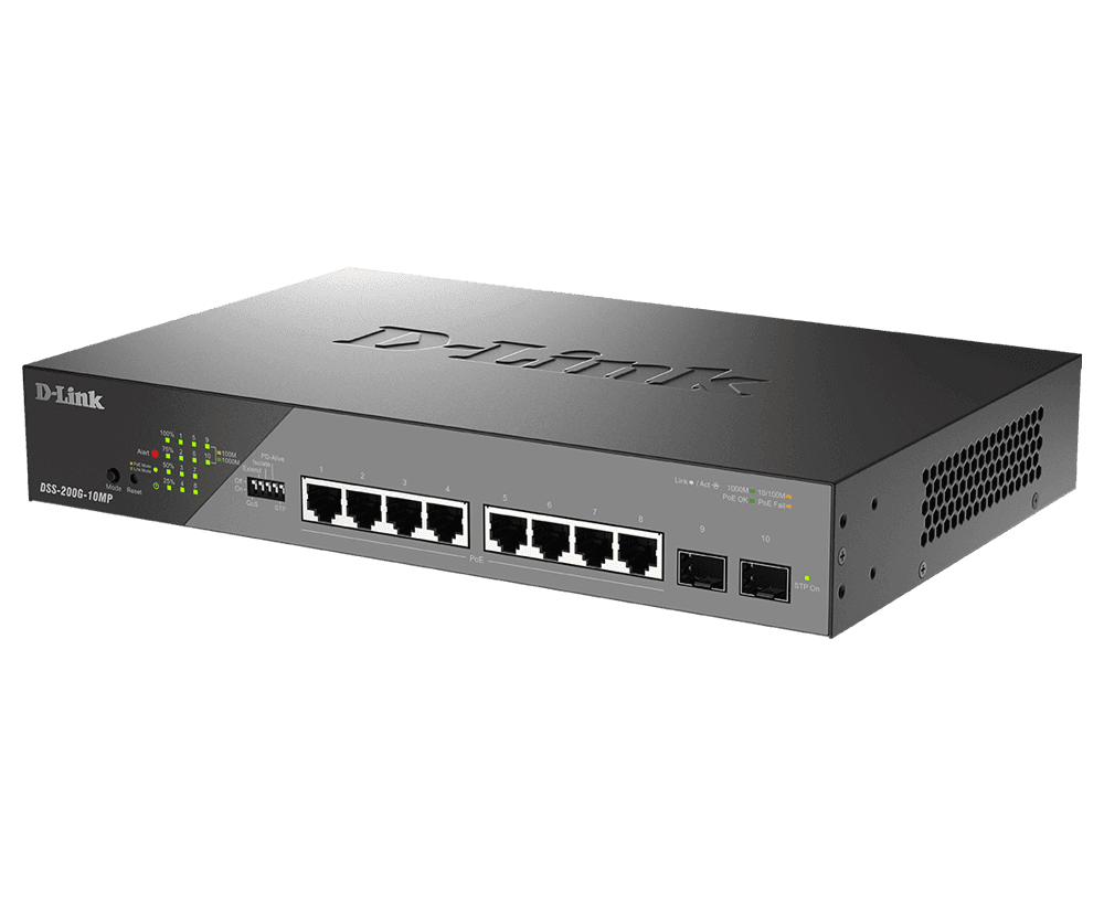 D-Link Switch DSS-200G-10MP, 8 porturi Gigabit POE, 2X SFP 1000Mbps, Capacitate switch: 20Gbps, FW Rate: 14.88Mbps