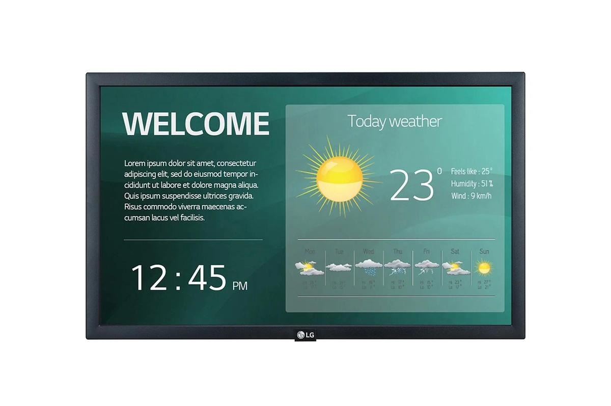 Monitor signage LG, 22", 250nit, 18/7, FHD, panel IPS, E-LED, 12ms, contrast static 1000:1, webOS