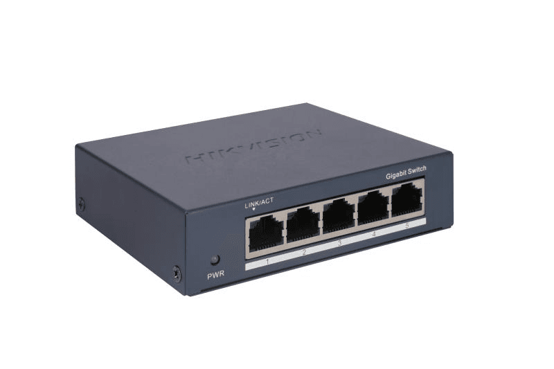 Switch Hikvision DS-3E0505-O: 5 × Gigabit RJ45 ports, 10 Gbps, 1000M network access, alimentare: 5VDC, 0.6A