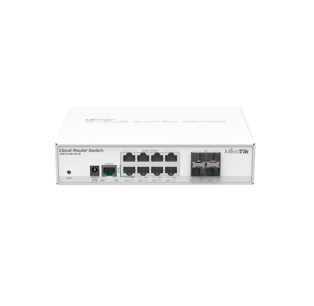 MikroTik Smart Switch, CRS112-8G-4S-IN; 8x Gigabit Ethernet, 4x SFPcages, 400MHz CPU, 128MB RAM, desktop case