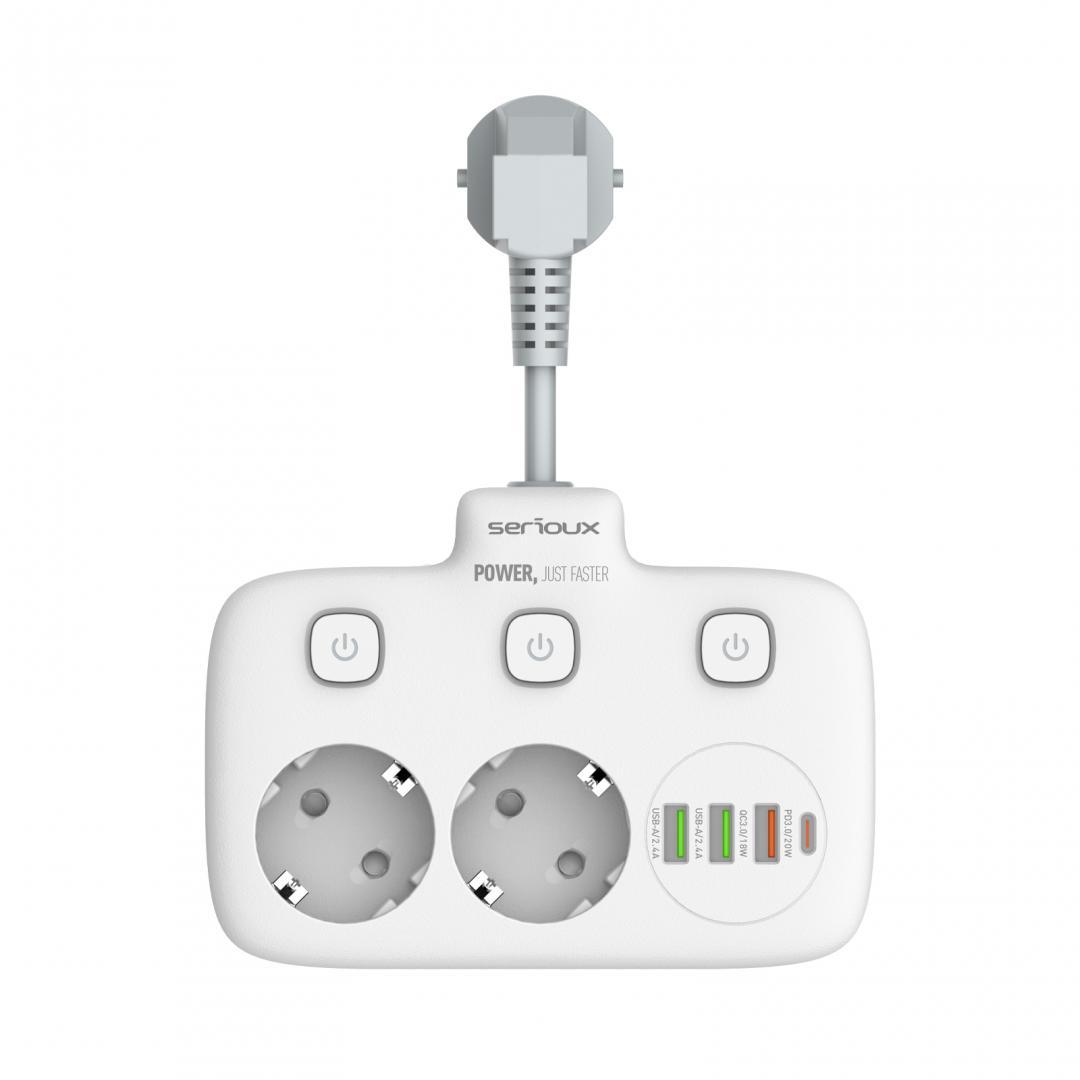 Prelungitor tip priza cu  protectie Serioux Quick Charge 3.0, parametri nominali: 2500W-10A(Max) 250V