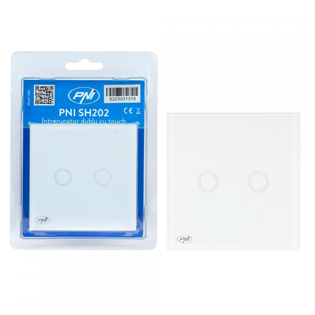 Intrerupator dublu cu touch PNI SH202 din sticla, alb cu LED indicator