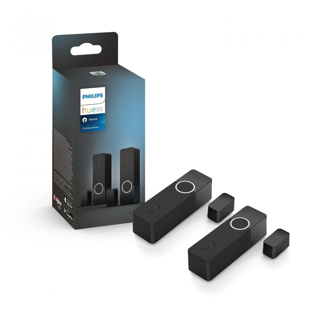 2 Senzori de contact Philips Hue Secure, Zigbee, automatizare lumini ,montare usi/ferestre, IP20, 70x22x20mm, Negru