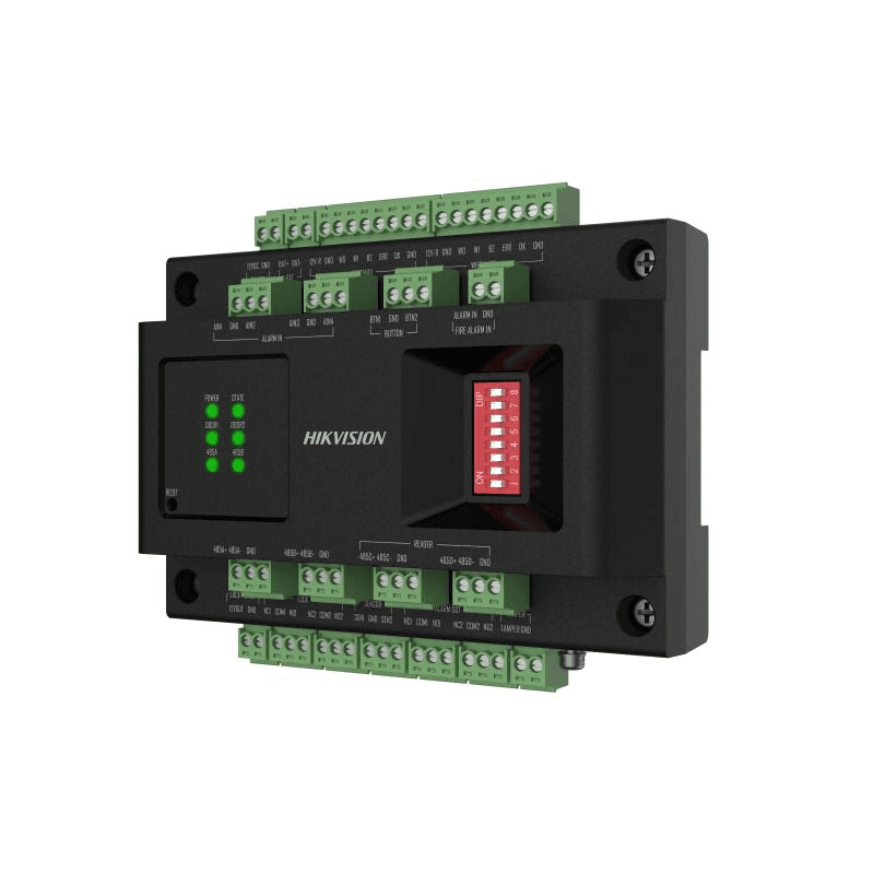 Door control modul Hikvision DS-K2M002X:  -Supports 2 door control. It can connect with access controller via RS-485