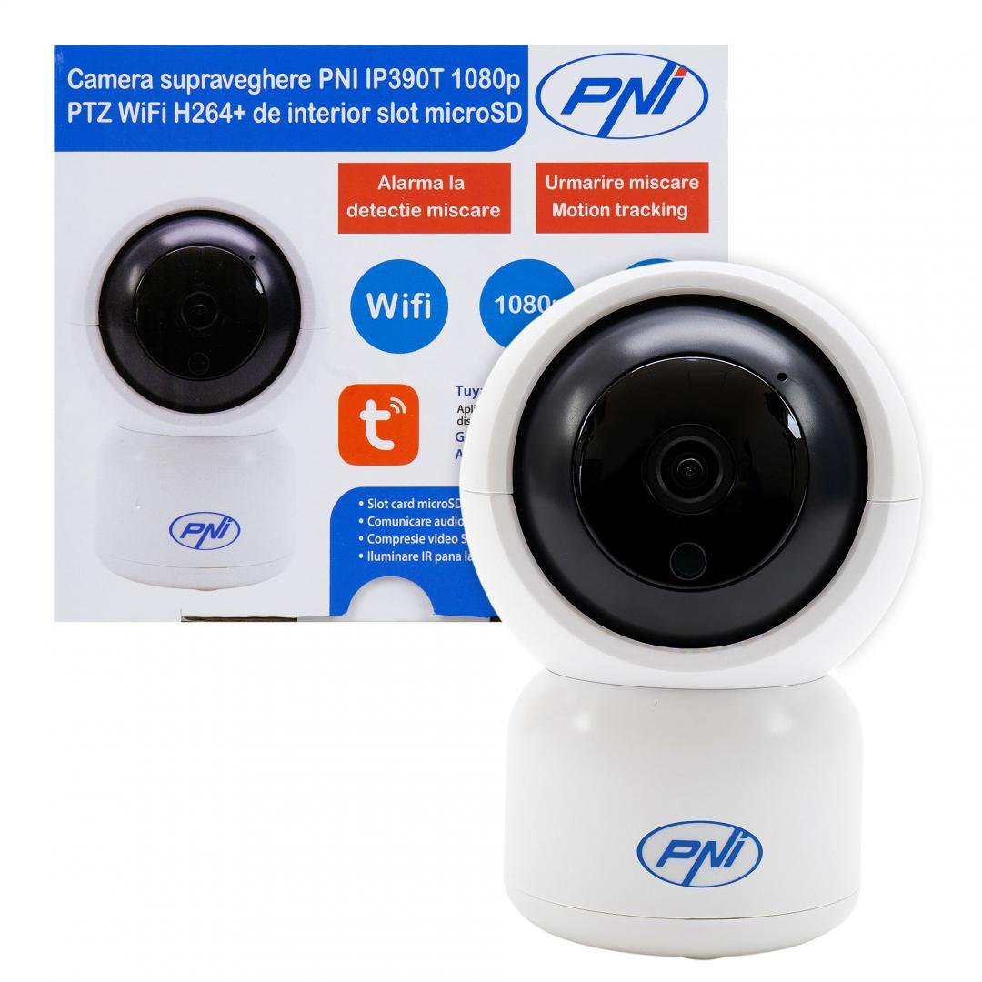 Camera supraveghere video PNI IP390T 1080P cu PTZ WiFi H264+ suporta microSD 128GB, Night Vision, aplicatia Tuya, P2P