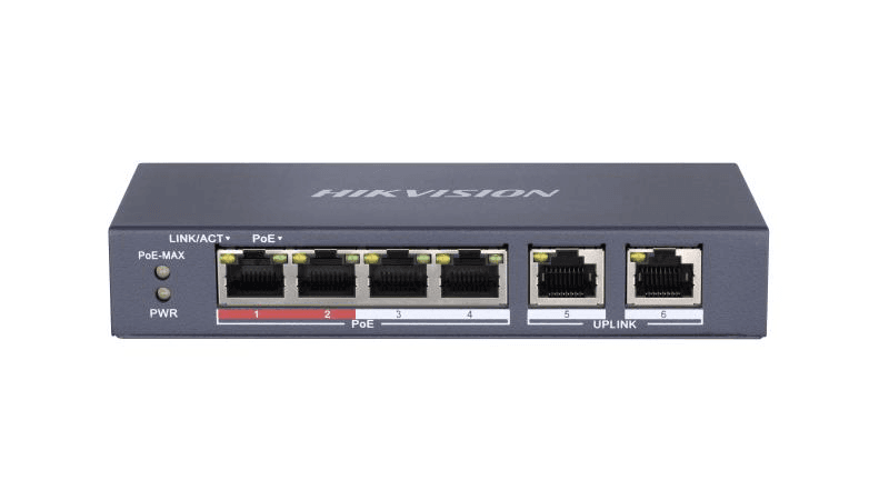 Switch PoE Hikvision DS-3E0106P-E/M(B): 4 x 10/100Mbps PoE port, and 2 × 10/100Mbps RJ45 port, 4 porturi PoE maxim 30W