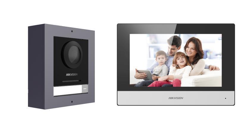 Kit videointercom IP Hikvision DS-KIS602(B), contine: DS-KD8003- IME1(B)/Surface × 1, DS-KH6320-WTE1 × 1