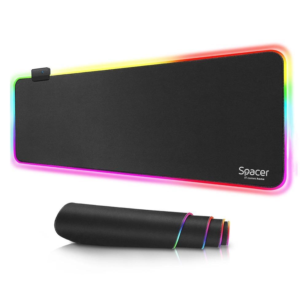 Mousepad Spacer RGB gaming, cauciuc si material textil, 900 x 300 x 3 mm, 1.8 m lungime cablu, 13 moduri de iluminare