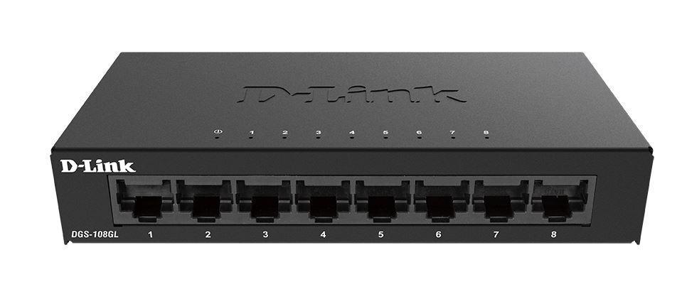 D-Link Switch DGS-108GL, 8 porturi Gigabit, Capacity 16Gbps, desktop, faramanagement, metal, negru, fara ventilator