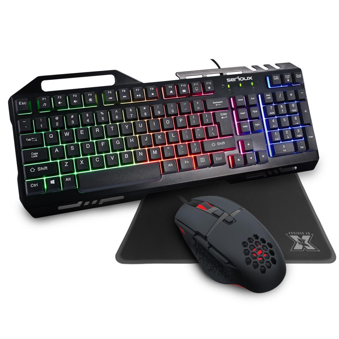 Kit Gaming Serioux Tobis 3 in 1, Tastatura de gaming, 104 taste, 7 taste Anti-ghosting, design slim, iluminare rainbow