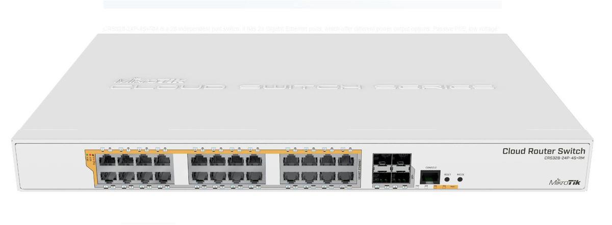 Mikrotik 24Port, 4 SFP, POE swirtch CRS328-24P-4S+RM, CPU: 800 MHz, Ram: 512Mb, 16Mb Flash, 24 x 10/100/1000, 4 x SFP