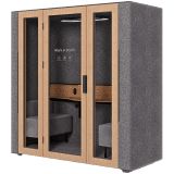 WorkBooth Two with Media hub integration spot, Blind back wall, Light grey felt, natural oak veneer
