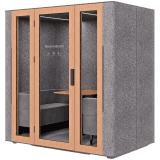WORKBOOTH Four Acoustic booth with Media hub integration spot, Blind, Light grey felt, natural oak