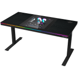 Dual-motor sit/stand adjustable-height gaming desk with built-in PC case, wireless charger, RGB lighting, control panel