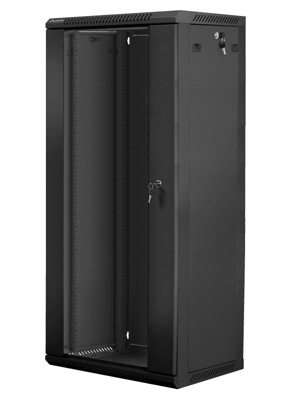 Dulap rack 19" perete 27U / 600x450 (flat pack) cu ușă din sticlă, negru V2