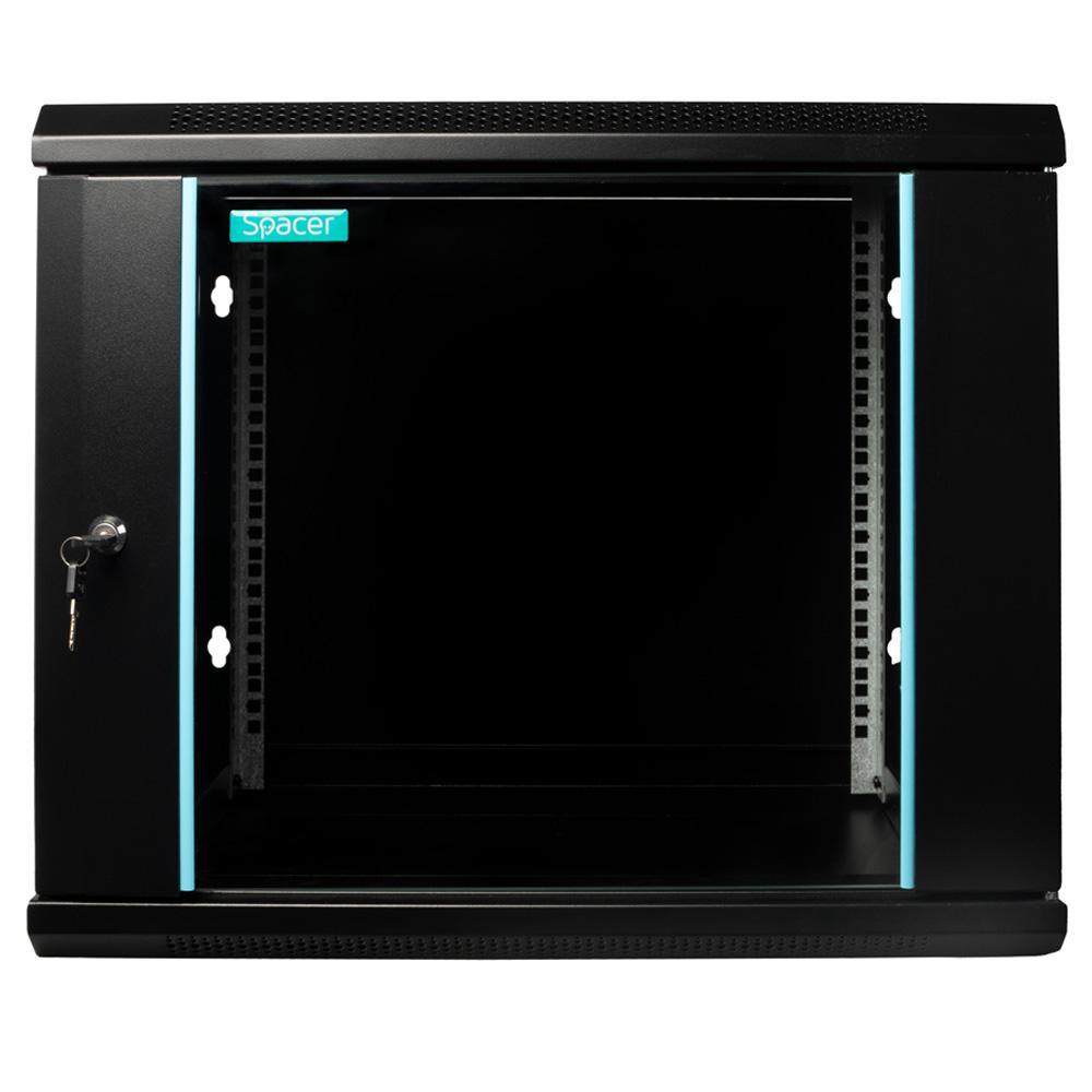 CABINET 19″ SPACER 9U 600x450mm, fixare pe perete, Flatpack (dezasamblat), Black, usa sticla cu blocare