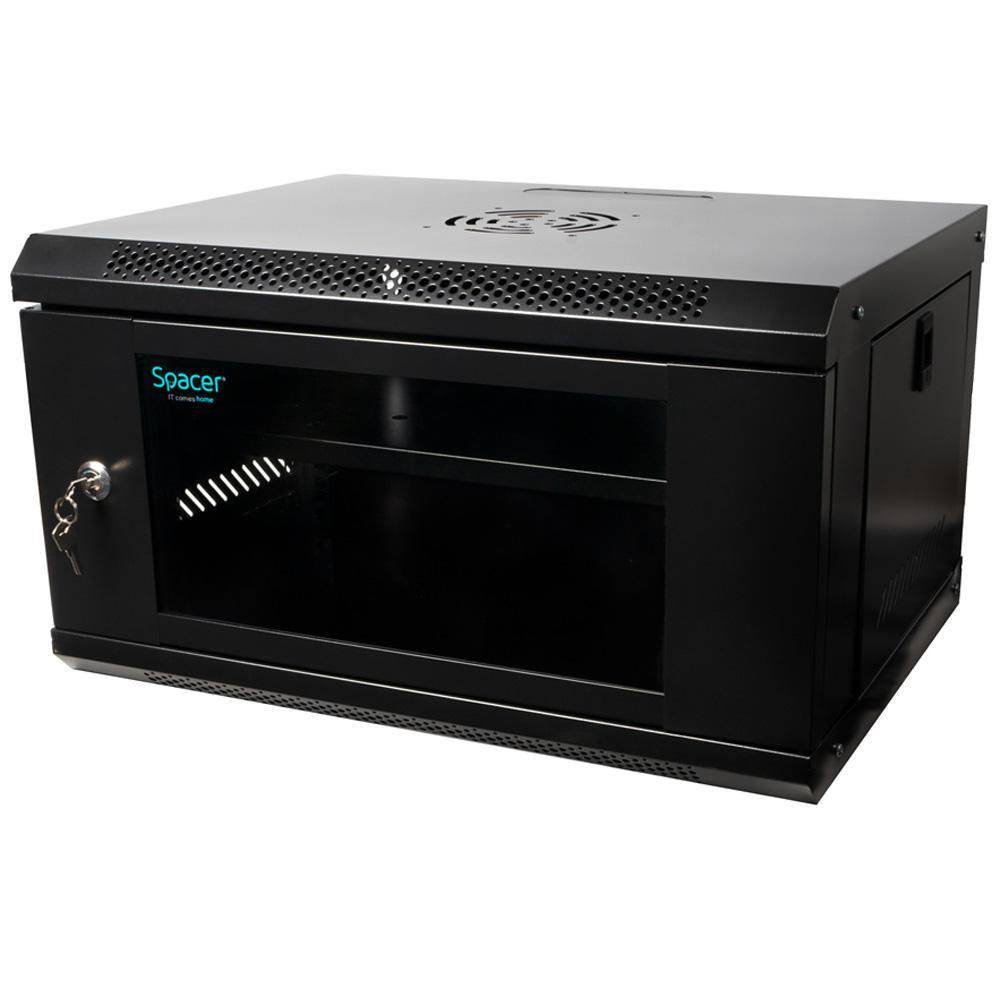 CABINET 19″ SPACER 6U 500x400mm, fixare pe perete, Flatpack (dezasamblat), Black, usa sticla cu blocare