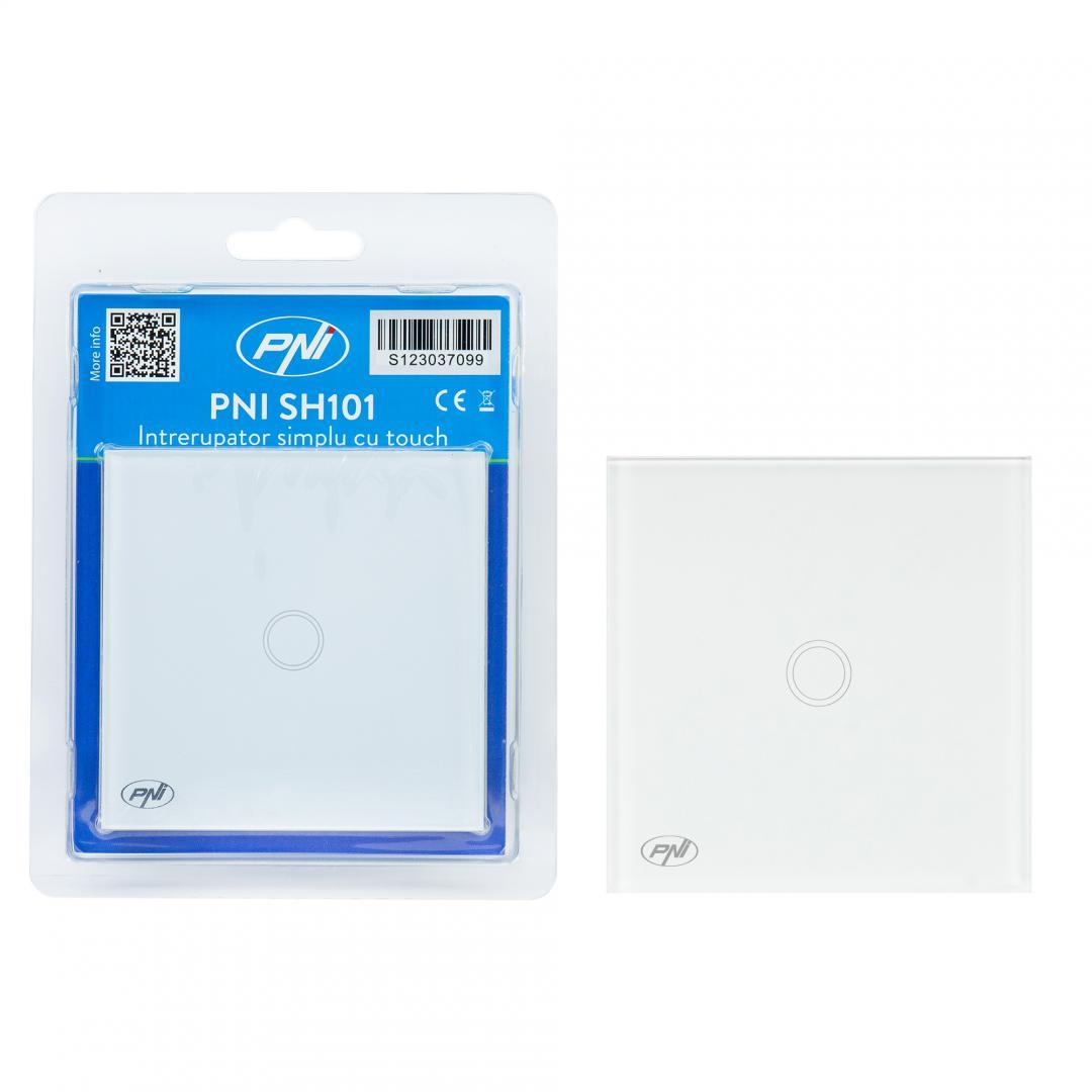 Intrerupator cu touch PNI SH101 alb cu LED indicator cu panoul frontal din sticla temperata transparenta