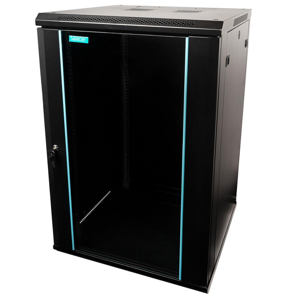 CABINET 19″ SPACER 18U 600x600mm, fixare pe perete, Flatpack (dezasamblat), Black, usa sticla cu blocare
