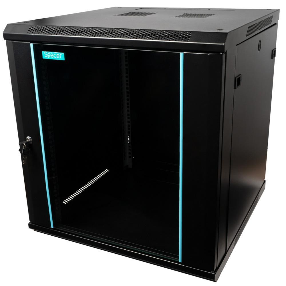 CABINET 19″ SPACER 12U 600x600mm, fixare pe perete, Flatpack (dezasamblat), Black, usa sticla cu blocare