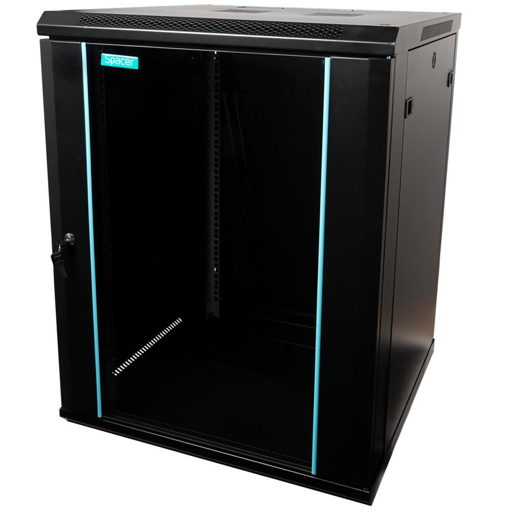 CABINET 19″ SPACER 15U 600x600mm, fixare pe perete, Flatpack (dezasamblat), Black, usa sticla cu blocare