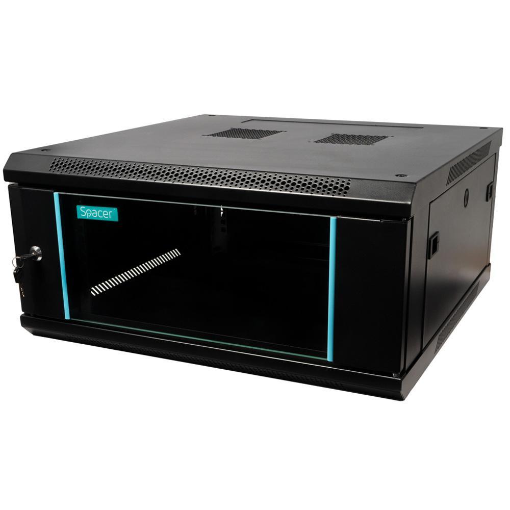 CABINET 19″ SPACER 4U 600x600mm, fixare pe perete, Flatpack (dezasamblat), Black, usa sticla cu blocare